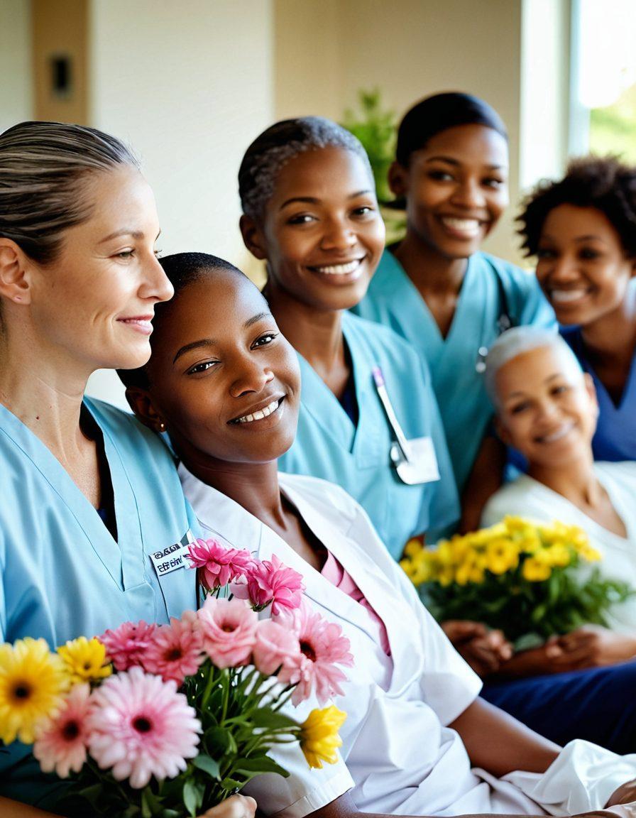 A serene hospital environment showcasing a diverse group of cancer patients receiving support from caregivers and family members, infused with hopeful expressions. Include elements symbolizing recovery like blooming flowers and soft light highlighting their faces. The atmosphere should convey warmth, compassion, and resilience. super-realistic. vibrant colors. soft focus.