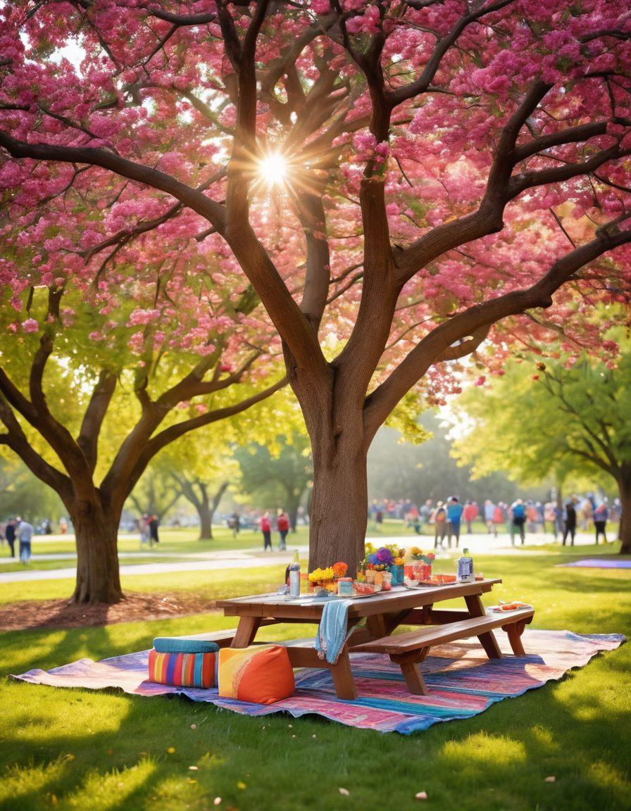 A vibrant community gathering in a park, featuring a diverse group of cancer survivors sharing stories and laughter around a picnic table. Colorful banners promoting wellness and empowerment hang from trees, while sunlight filters through the leaves, creating a warm atmosphere. Include elements like healthy foods, yoga mats, and supportive gestures among people, symbolizing strength and resilience. Soft-focus on the background with blooming flowers adding a sense of hope. super-realistic. vibrant colors. bright background.
