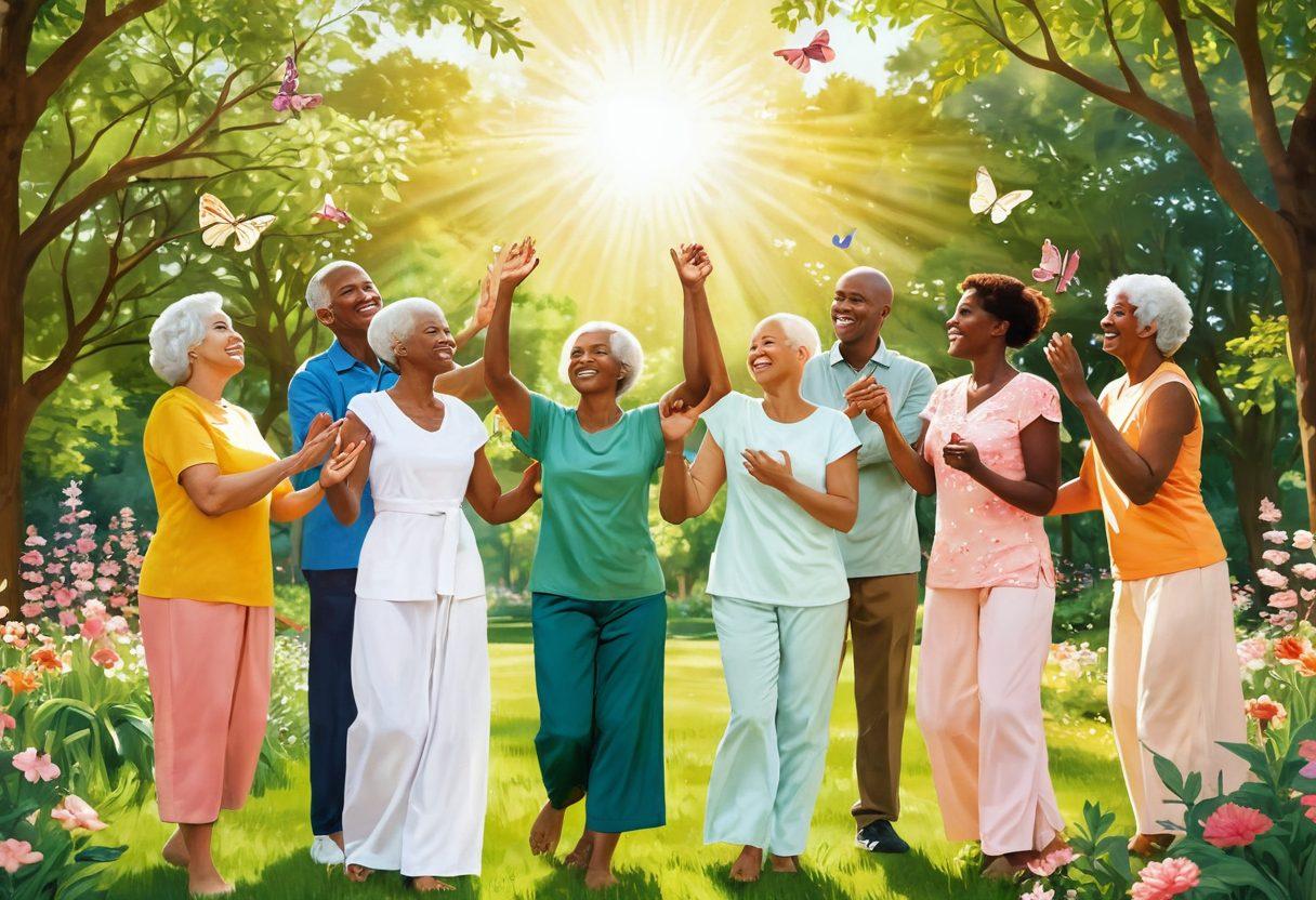A serene scene depicting a diverse group of cancer survivors, joyfully interacting in a lush, green park, symbolizing hope and resilience. In the background, a bright sun beams down, illuminating blooming flowers and butterflies, representing growth and renewal. Soft support symbols like hands holding each other and a heart shape subtly integrated into the scenery. illustrative art style, warm colors, inviting atmosphere.